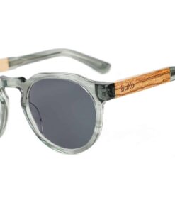 BuKo Ocean sunglasses with translucent green acetate frame, polarised lenses and natural wood temples