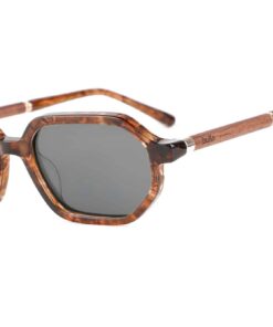BuKo Sierra sunglasses with tortoiseshell acetate geometric frame, brown polarised lenses and natural wooden temples on a white background.