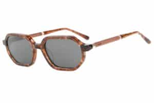 BuKo Sierra sunglasses with tortoiseshell acetate geometric frame, brown polarised lenses and natural wooden temples on a white background.