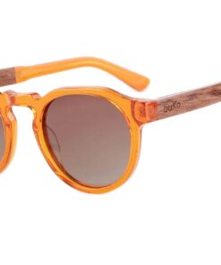 BuKo Ocean sunglasses with translucent orange acetate frame, polarised lenses and natural wood temples