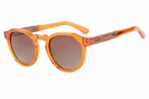 BuKo Ocean sunglasses with translucent orange acetate frame, polarised lenses and natural wood temples