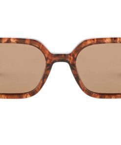 Front angle of BuKo Sierra sunglasses with tortoiseshell acetate geometric frame, grey polarised lenses and natural wooden temples on a white background.