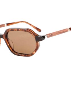 BuKo Sierra sunglasses with tortoiseshell acetate geometric frame, grey polarised lenses and natural wooden temples on a white background.