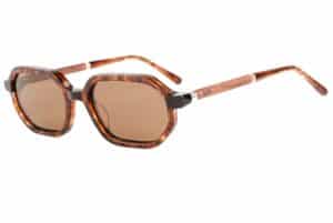 BuKo Sierra sunglasses with tortoiseshell acetate geometric frame, grey polarised lenses and natural wooden temples on a white background.