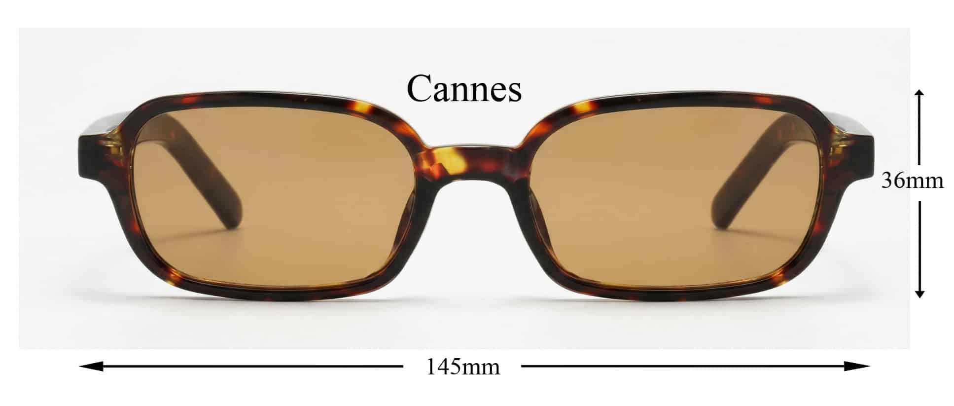 Cannes sunglasses by Buko front view in tortoiseshell acetate with brown lenses showing dimensions 145mm width and 36mm height