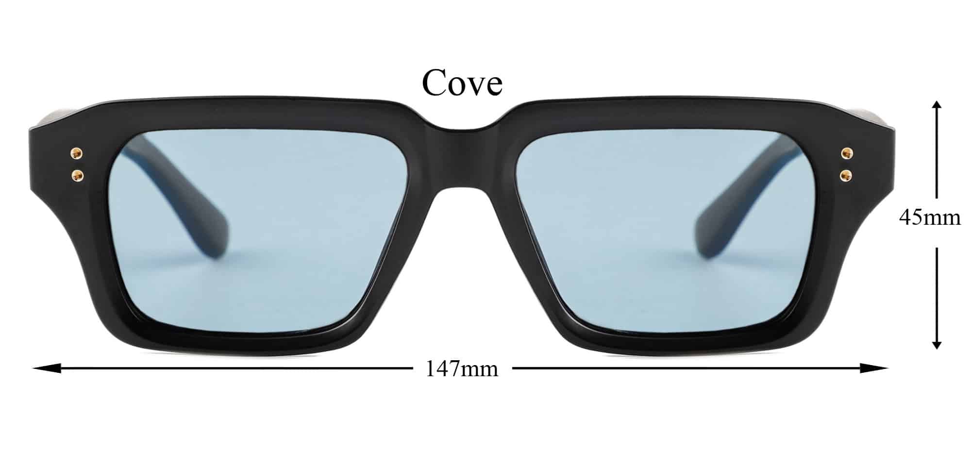 Cove sunglasses Blackwater colour with black recycled PET frame and blue polarised lenses showing front view with 147mm width and 45mm height dimensions by buKo 