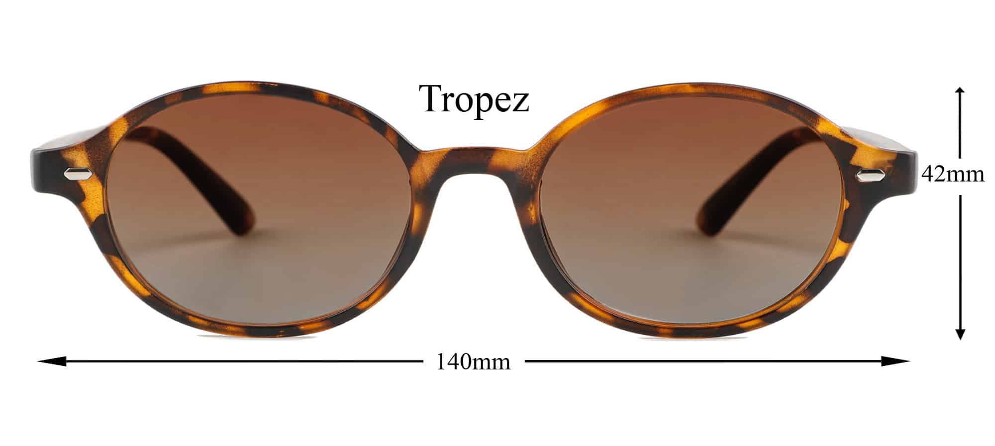 dimensions of Tropez thin almond round shaped sunglasses by buko