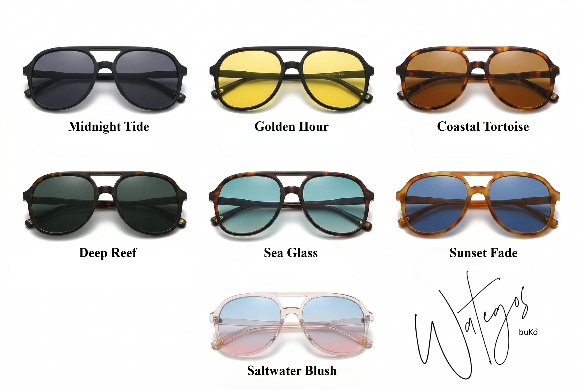 Buko Wategos sunglasses collection showing all colour options including Midnight Tide, Golden Hour, Coastal Tortoise, Deep Reef, Sea Glass, Sunset Fade and Saltwater Blush