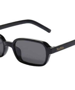 Cannes sunglasses by Buko in black acetate frame with grey lenses, slim rectangular design on white background