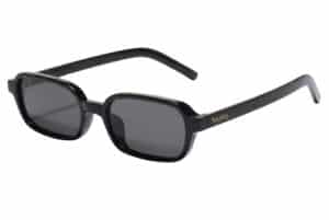 Cannes sunglasses by Buko in black acetate frame with grey lenses, slim rectangular design on white background
