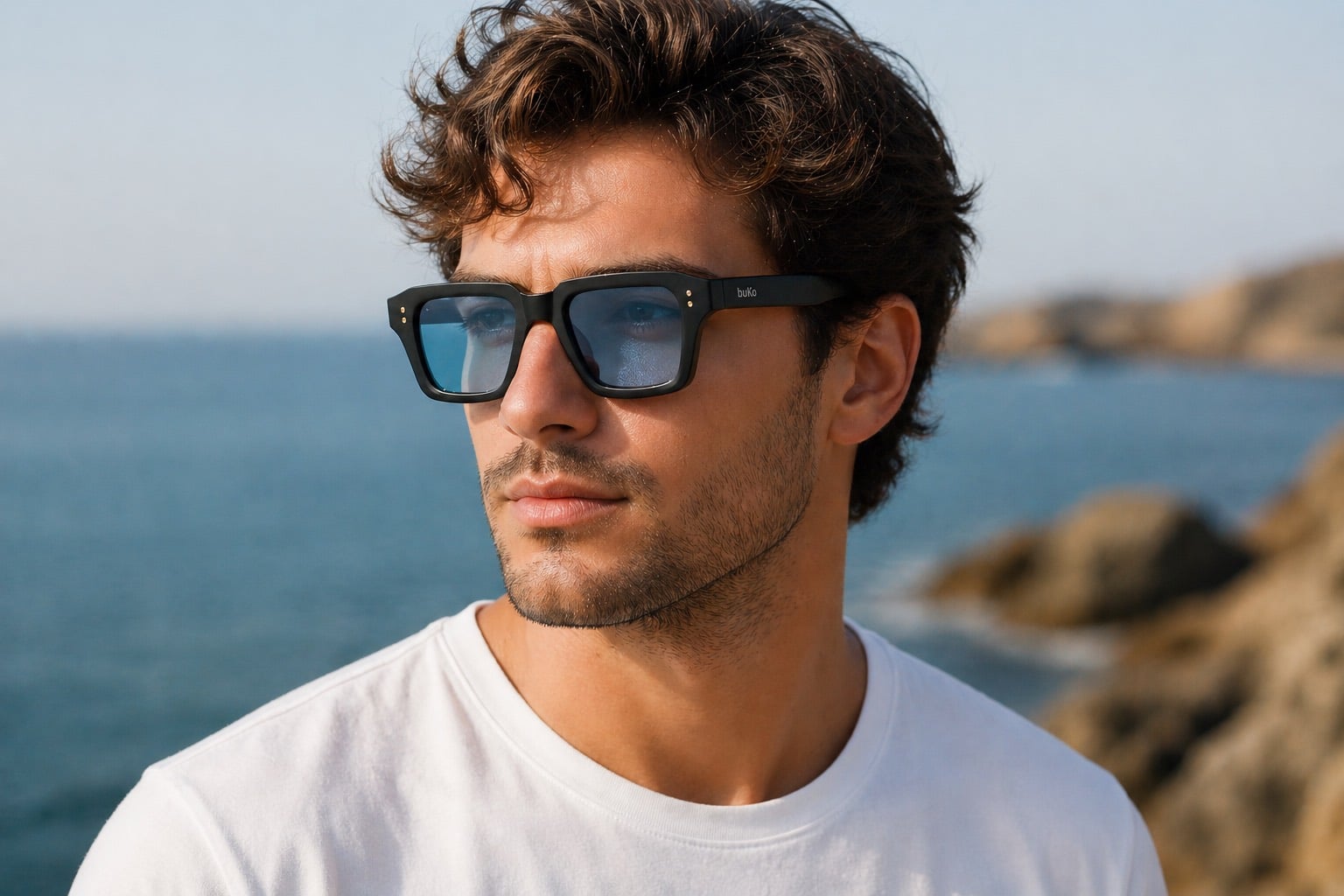 Man wearing Cove sunglasses Blackwater colour with black recycled PET frame and light blue polarised lenses by buKo at the beach