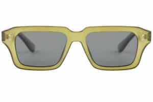 Cove sunglasses Kelp colour with transparent green recycled PET frame and dark polarised lenses by buKo front view