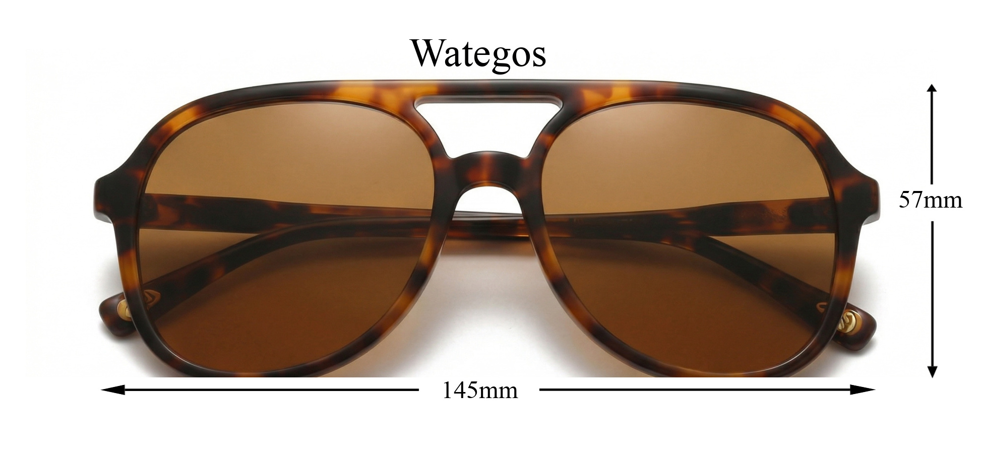 Buko Wategos sunglasses front view with dimensions showing 145mm frame width and 57mm lens height, tortoiseshell acetate with brown lenses and arched double bridge