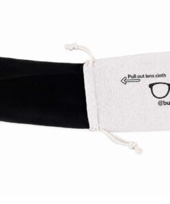 Buko sunglasses pouch with pull-out lens cloth and black microfiber lining on white background