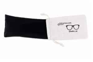 Buko sunglasses pouch with pull-out lens cloth and black microfiber lining on white background