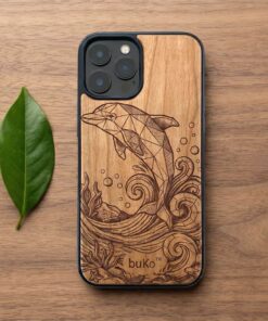 buko wooden phone case with a geometric dolphin and waves engraving