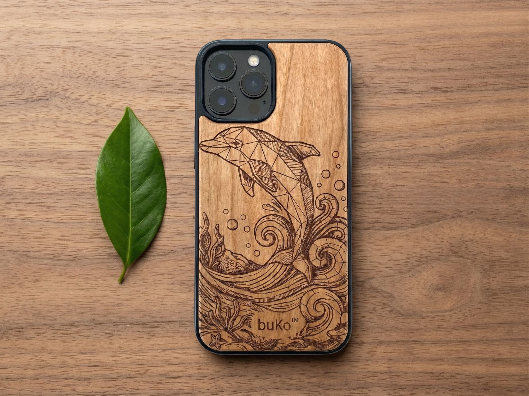 buko wooden phone case with a geometric dolphin and waves engraving