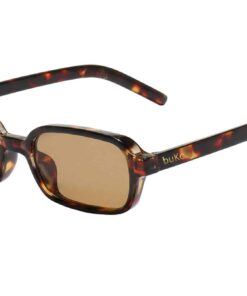 Cannes sunglasses by Buko in tortoiseshell acetate frame with brown polarised lenses, slim rectangular design on white background