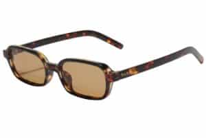 Cannes sunglasses by Buko in tortoiseshell acetate frame with brown polarised lenses, slim rectangular design on white background