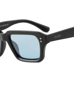 Black recycled PET Cove sunglasses with blue polarised lenses and square frame by buKo