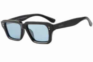 Black recycled PET Cove sunglasses with blue polarised lenses and square frame by buKo