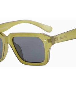 Transparent green Cove sunglasses made from recycled PET with dark polarised lenses and square frame by buKo