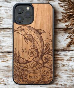 Dolphin engraved wood phone case with ocean wave design by Buko