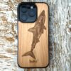 Wood phone case with engraved shark design featuring Sydney beach names including Bondi, Coogee and Manly by Buko