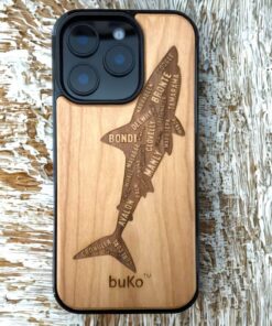 Wood phone case with engraved shark design featuring Sydney beach names including Bondi, Coogee and Manly by Buko