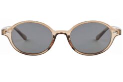 front view of Tropez thin almond round transparent champagne sunglasses with grey polarised lenses by Buko