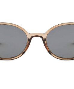 front view of Tropez thin almond round transparent champagne sunglasses with grey polarised lenses by Buko