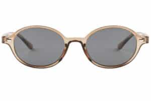 front view of Tropez thin almond round transparent champagne sunglasses with grey polarised lenses by Buko