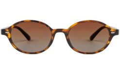 front view of Tropez thin almond round tortoiseshell sunglasses with brown polarised lenses by Buko