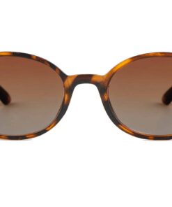 front view of Tropez thin almond round tortoiseshell sunglasses with brown polarised lenses by Buko