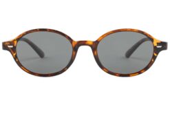 front view of Tropez thin almond round tortoiseshell sunglasses with grey polarised lenses by Buko