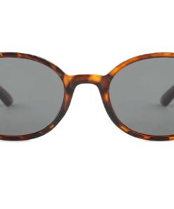 front view of Tropez thin almond round tortoiseshell sunglasses with grey polarised lenses by Buko