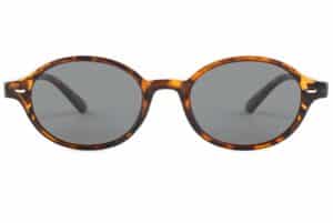 front view of Tropez thin almond round tortoiseshell sunglasses with grey polarised lenses by Buko