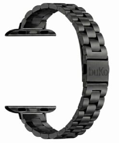 Vanta stainless steel Apple Watch band in black with slim chunky link design and brushed finish by Buko