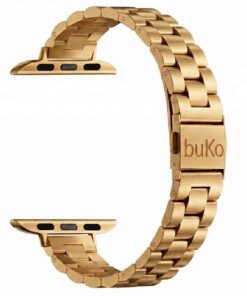 Vanta stainless steel Apple Watch band in gold with slim chunky link design and brushed finish by Buko