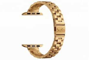 Vanta stainless steel Apple Watch band in gold with slim chunky link design and brushed finish by Buko