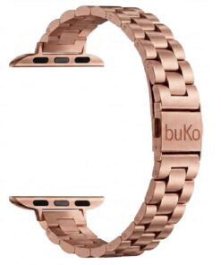 Vanta stainless steel Apple Watch band in rose gold with slim chunky link design and brushed finish by Buko