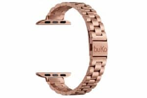 Vanta stainless steel Apple Watch band in rose gold with slim chunky link design and brushed finish by Buko