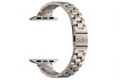 Vanta stainless steel Apple Watch band in silver with slim chunky link design and brushed finish by Buko