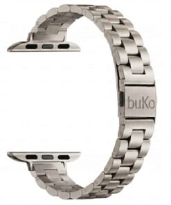 Vanta stainless steel Apple Watch band in silver with slim chunky link design and brushed finish by Buko