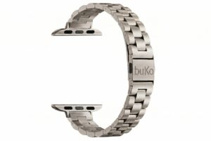 Vanta stainless steel Apple Watch band in silver with slim chunky link design and brushed finish by Buko