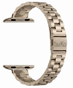 Vanta stainless steel Apple Watch band in starlight with slim chunky link design and brushed finish by Buko