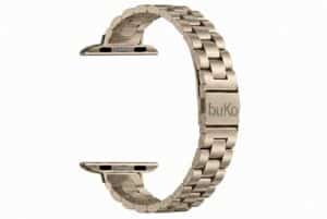 Vanta stainless steel Apple Watch band in starlight with slim chunky link design and brushed finish by Buko