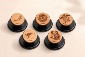 buKo wooden MagSafe Phone Holder & Stand collection featuring whale, mandala, turtle, kangaroo and koala engraved designs