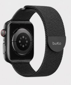 Black Velour stainless steel magnetic Apple Watch band by Buko with black watch case