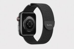 Black Velour stainless steel magnetic Apple Watch band by Buko with black watch case